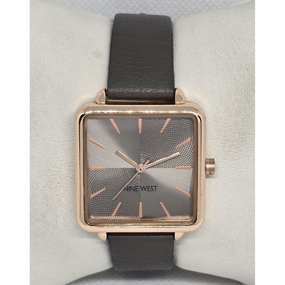 Nine West Accessories - Women's Nine West Casual Square Rose Gold Tone Case Gray Leather Strap Watch 13